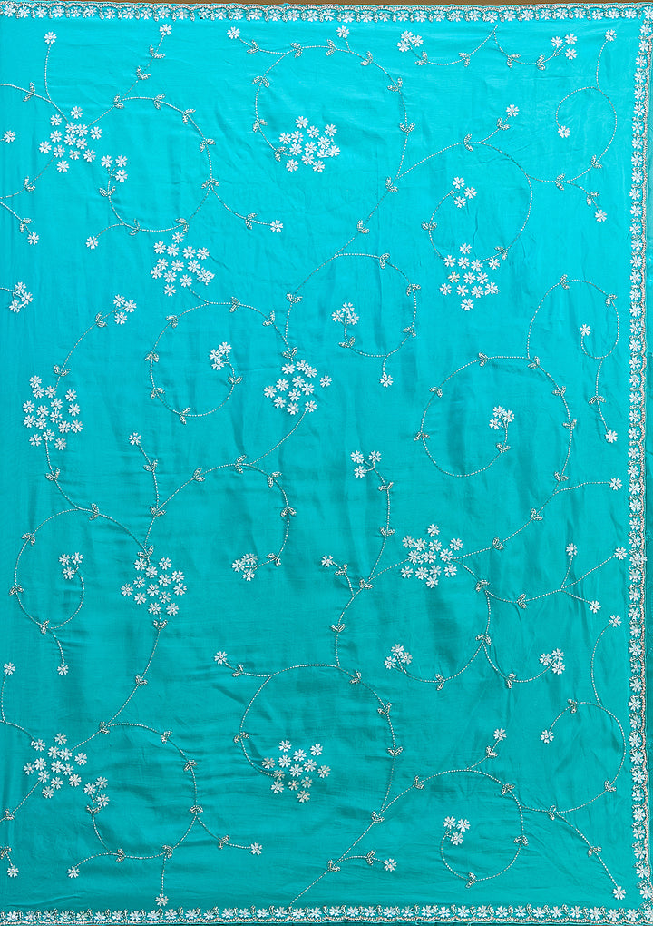Turquoise Blue Satin Cutdana Saree With Matching Blouse Piece