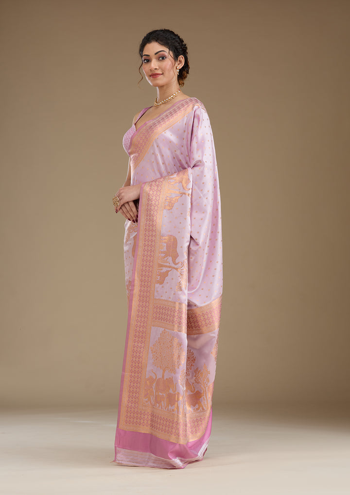 Lavender Silk Buti Gold Zariwork Saree With Matching Blouse Piece