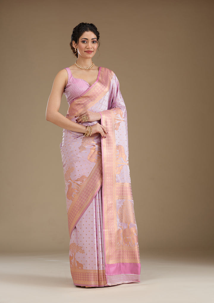 Lavender Silk Buti Gold Zariwork Saree With Matching Blouse Piece
