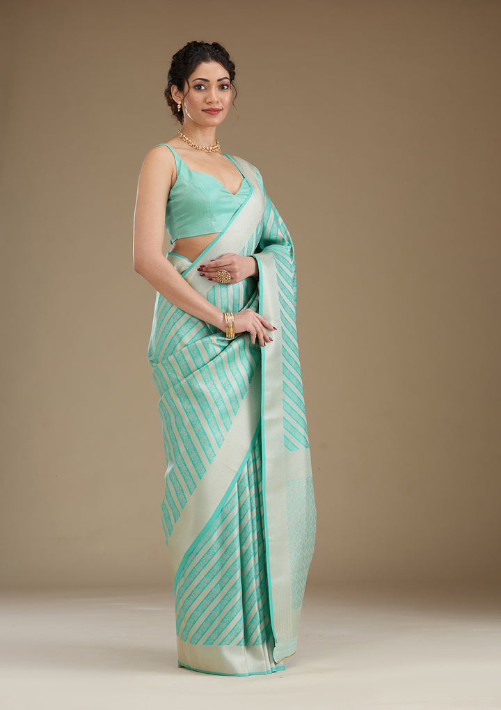 Koskii Silk Turquoise Saree with Zariwork – Elegant Evening Wear