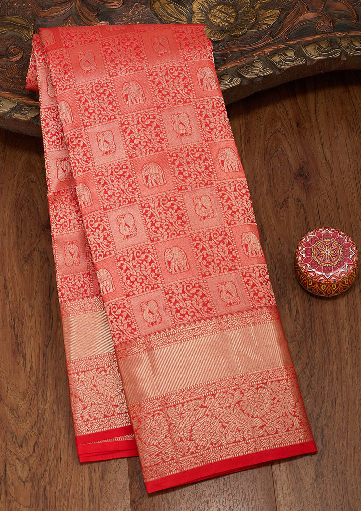 Rust Pure Silk Jaal Zariwork Saree With Matching Blouse Piece