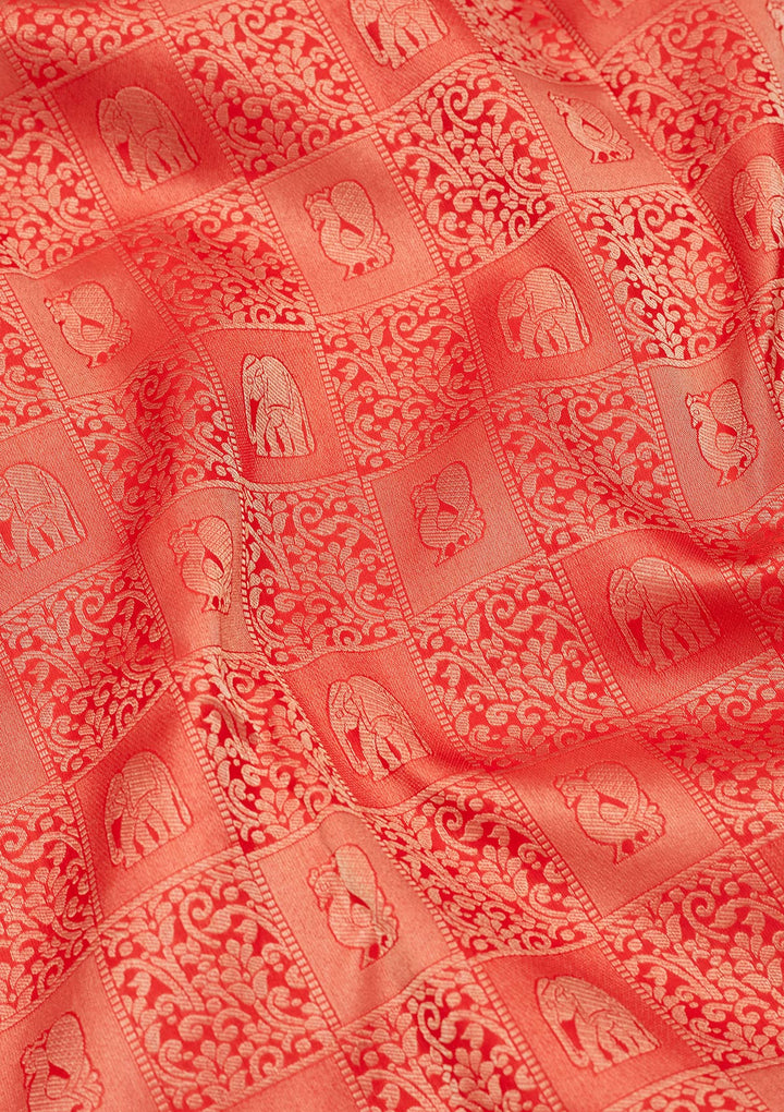 Rust Pure Silk Jaal Zariwork Saree With Matching Blouse Piece