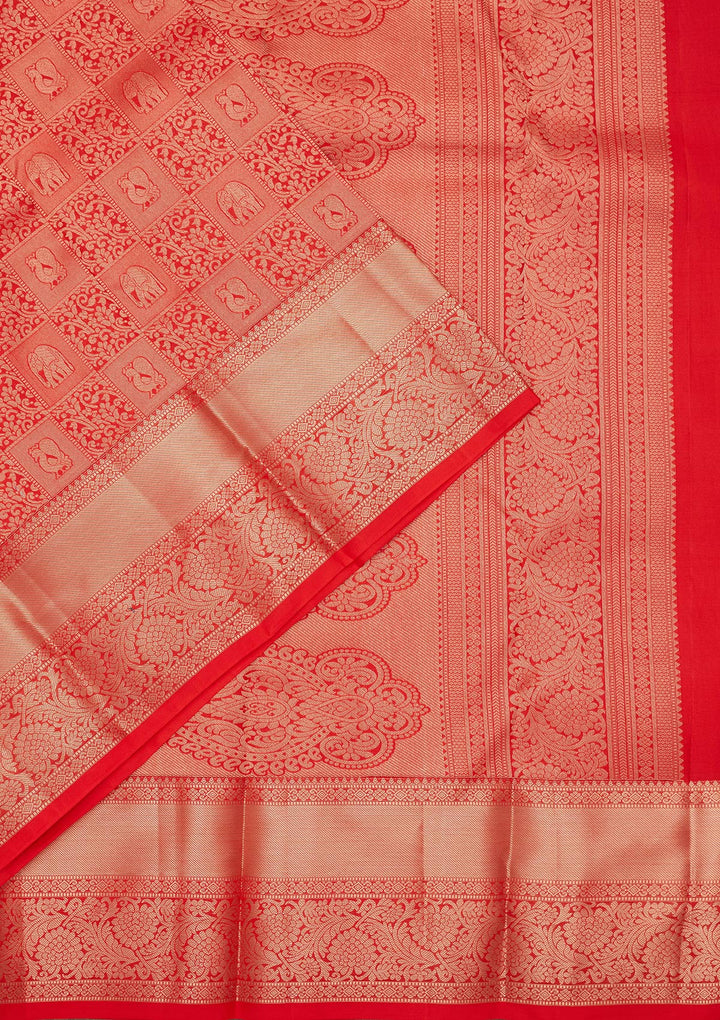 Rust Pure Silk Jaal Zariwork Saree With Matching Blouse Piece