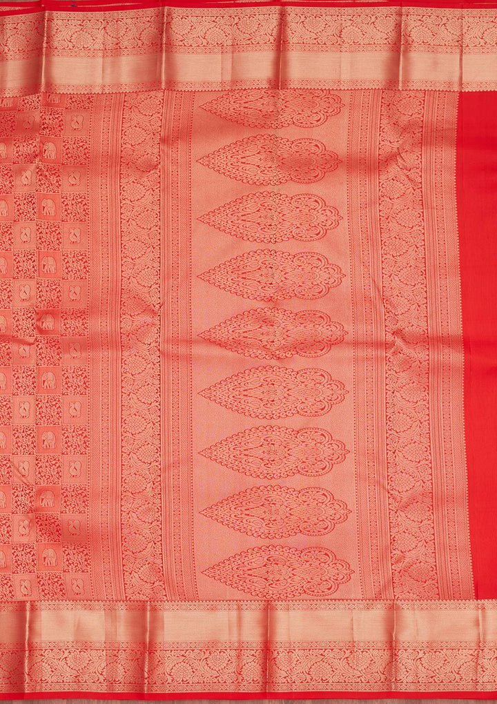 Rust Pure Silk Jaal Zariwork Saree With Matching Blouse Piece