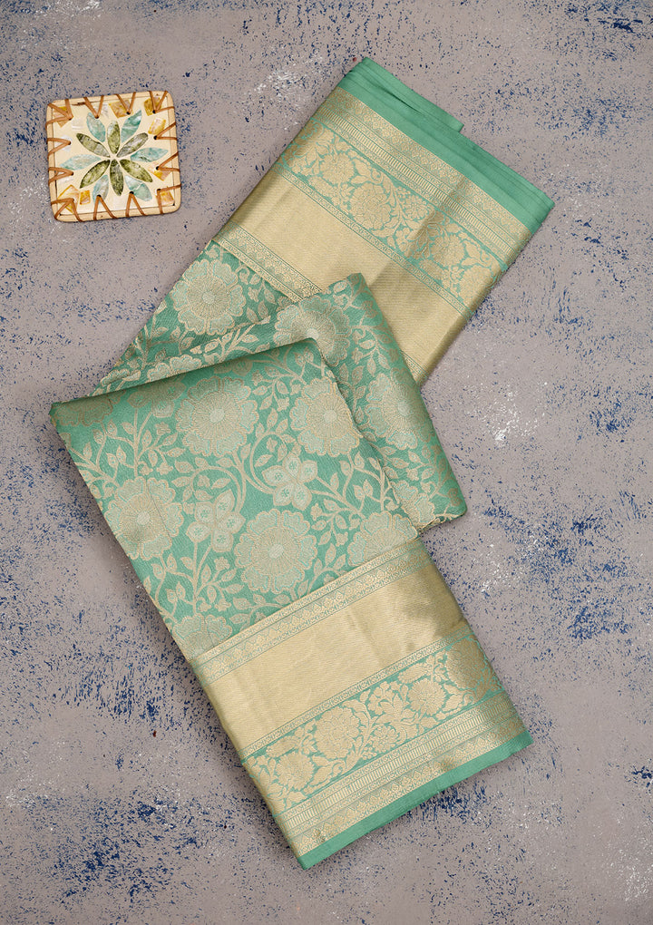Sea Green Silk Jaal Gold Zariwork Saree With Matching Blouse Piece