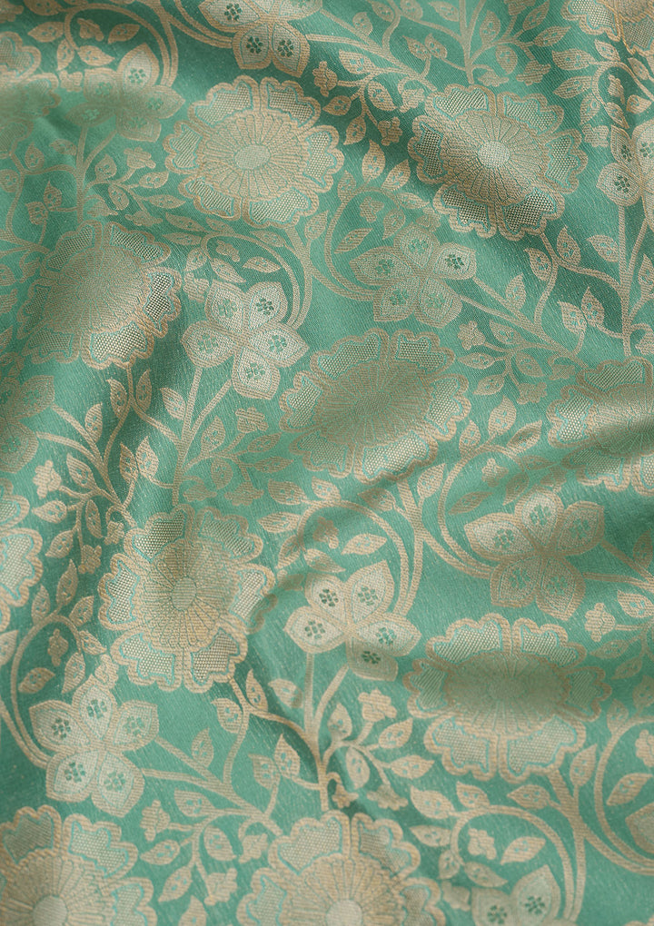 Sea Green Silk Jaal Gold Zariwork Saree With Matching Blouse Piece