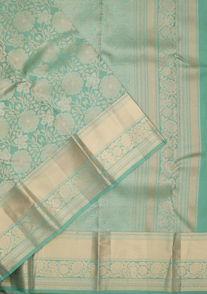 Sea Green Silk Jaal Gold Zariwork Saree With Matching Blouse Piece