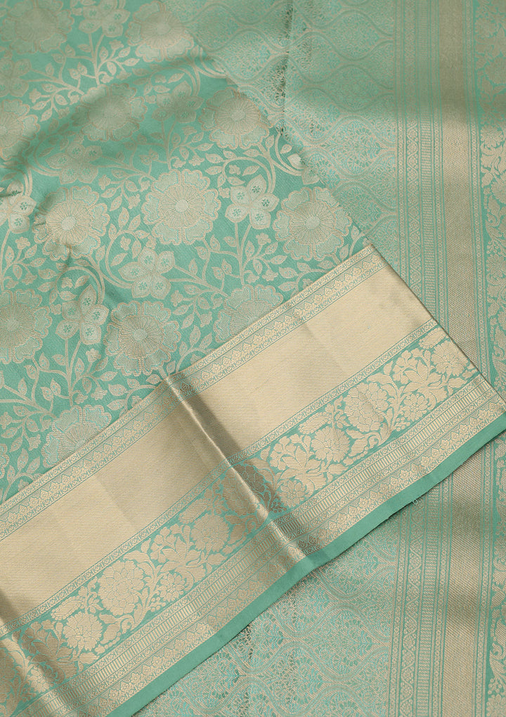 Sea Green Silk Jaal Gold Zariwork Saree With Matching Blouse Piece