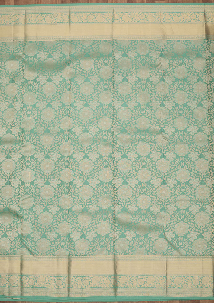 Sea Green Silk Jaal Gold Zariwork Saree With Matching Blouse Piece