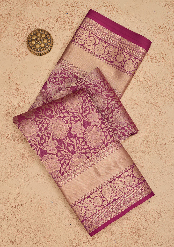 Wine Silk Jaal Gold Zariwork Saree With Matching Blouse Piece