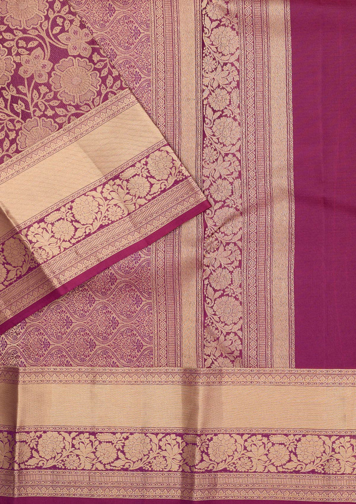 Wine Silk Jaal Gold Zariwork Saree With Matching Blouse Piece