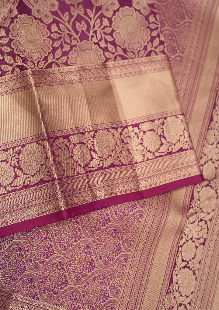 Wine Silk Jaal Gold Zariwork Saree With Matching Blouse Piece