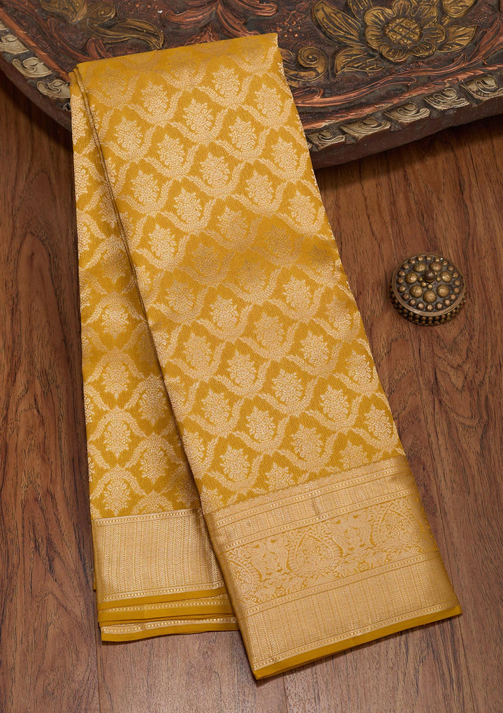 Gold Pure Silk Jaal Zariwork Saree With Matching Blouse Piece