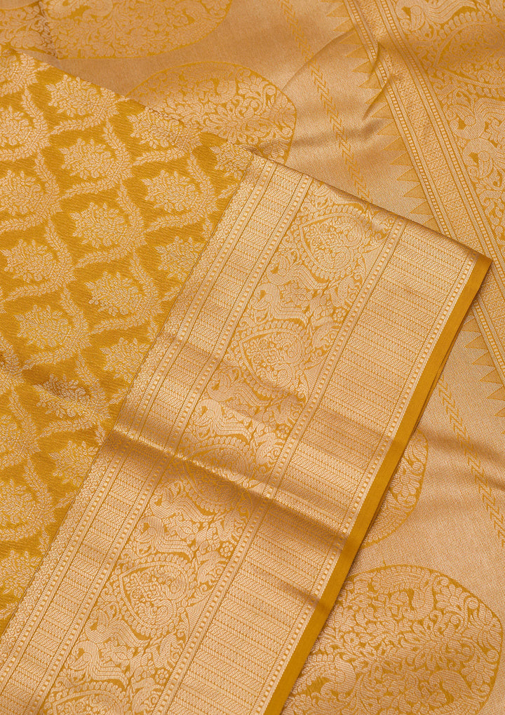 Gold Pure Silk Jaal Zariwork Saree With Matching Blouse Piece