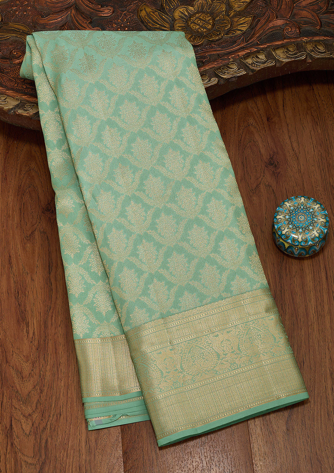 Sea Green Silk Jaal Saree With Matching Blouse Piece