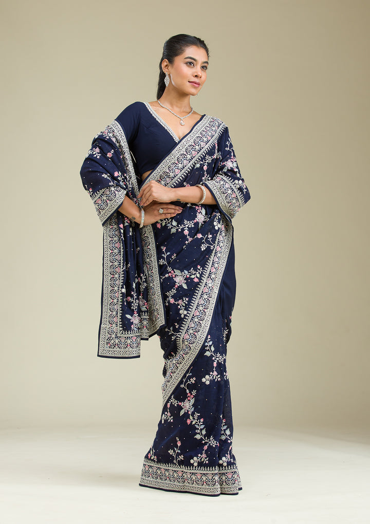 Navy Blue Threadwork Silk Saree