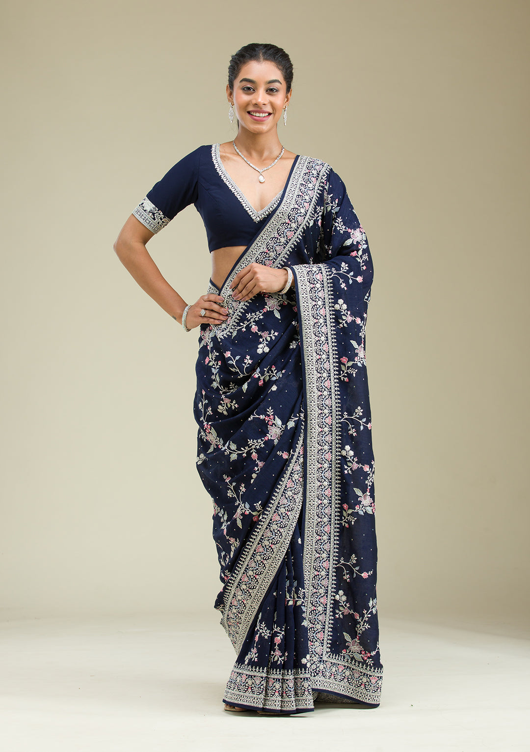 Navy Blue Threadwork Silk Saree