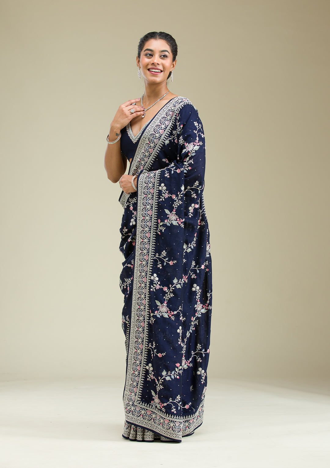 Navy Blue Threadwork Silk Saree