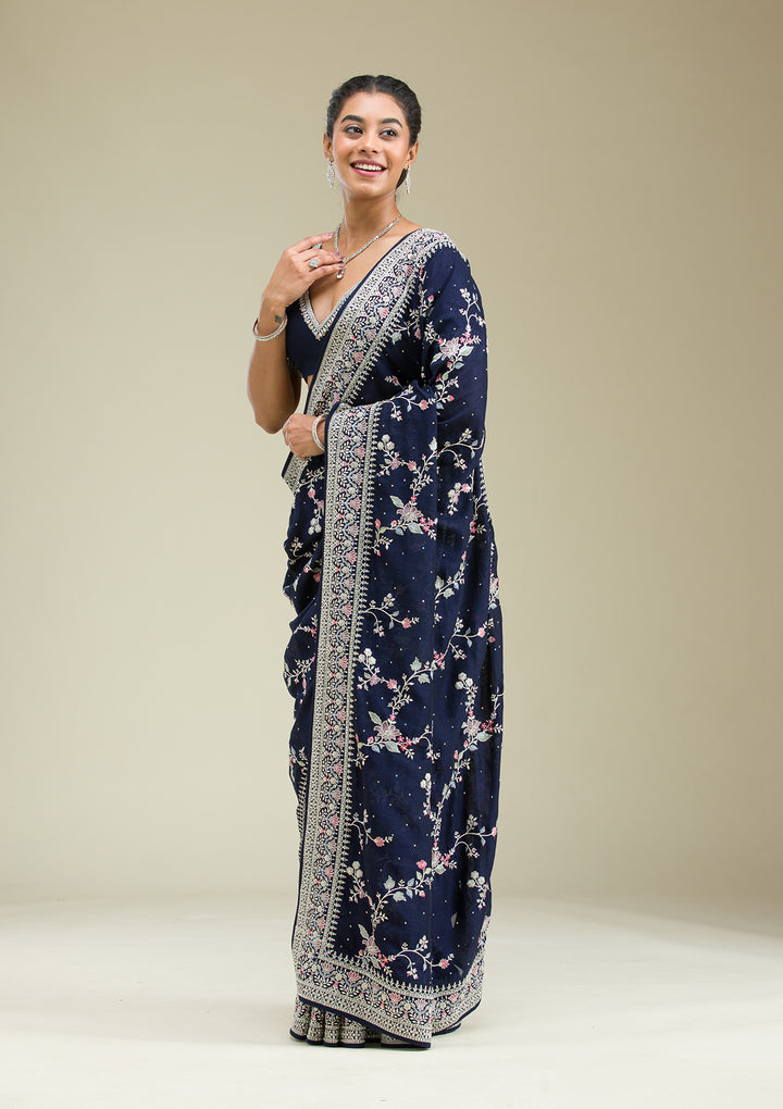Navy Blue Threadwork Silk Saree