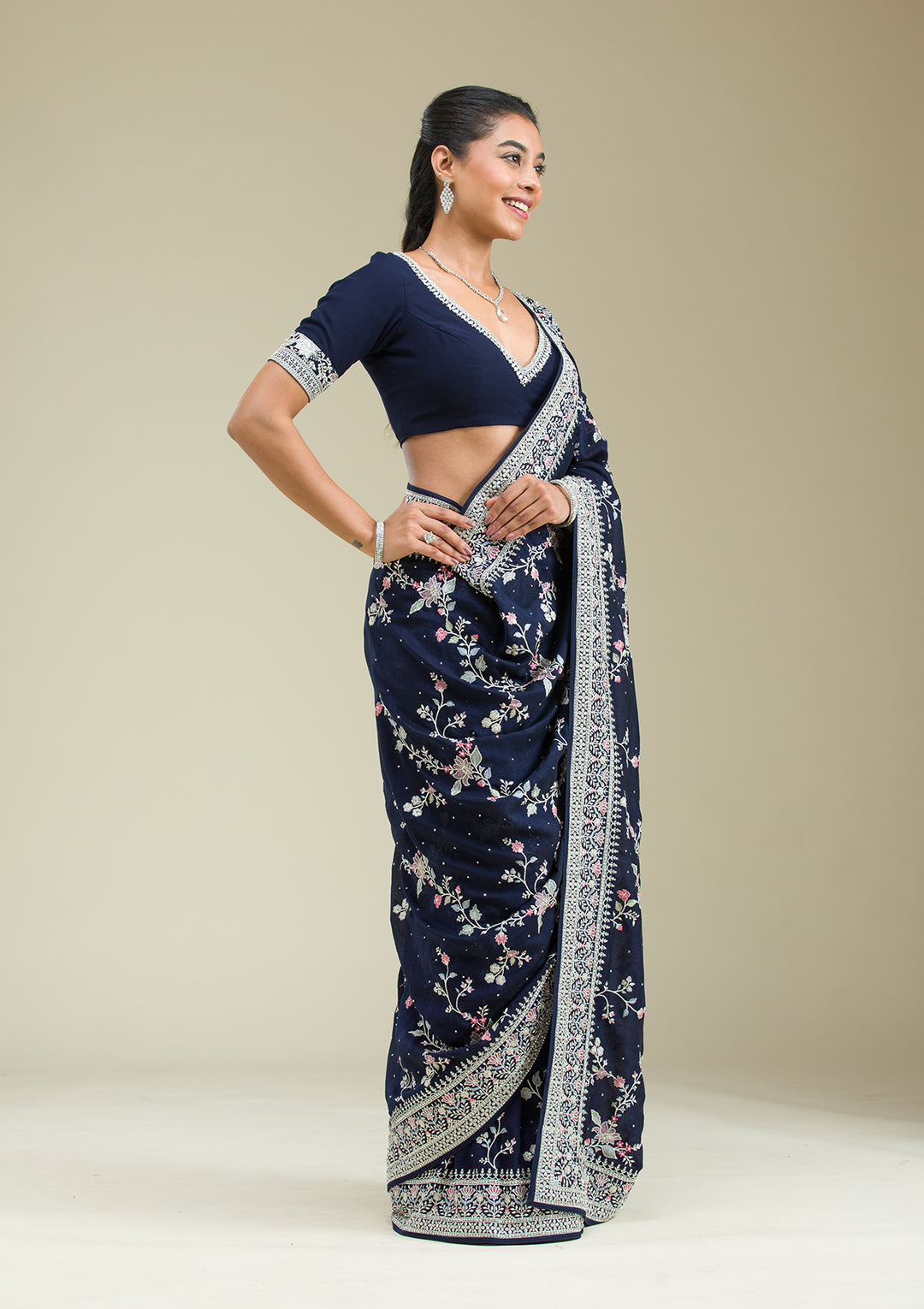 Navy Blue Threadwork Silk Saree