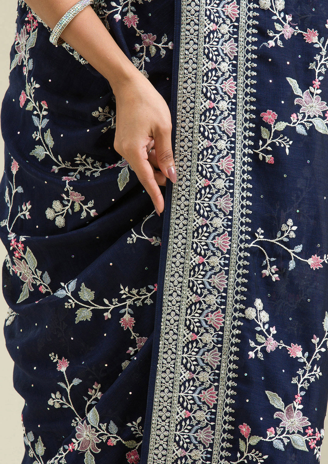 Navy Blue Threadwork Silk Saree