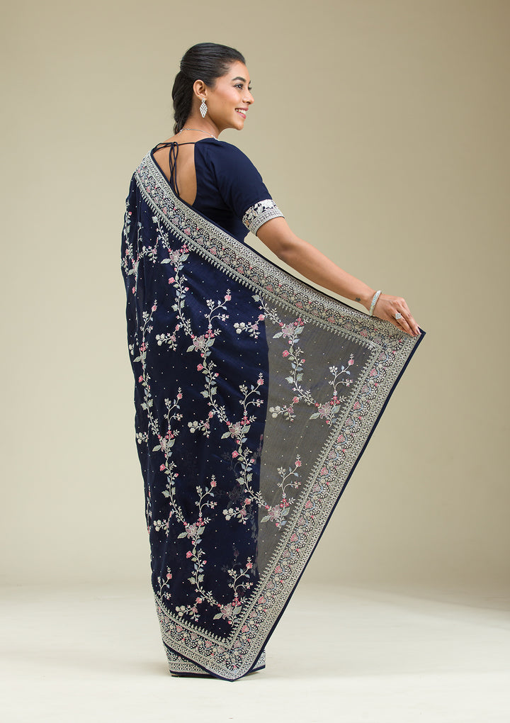 Navy Blue Threadwork Silk Saree