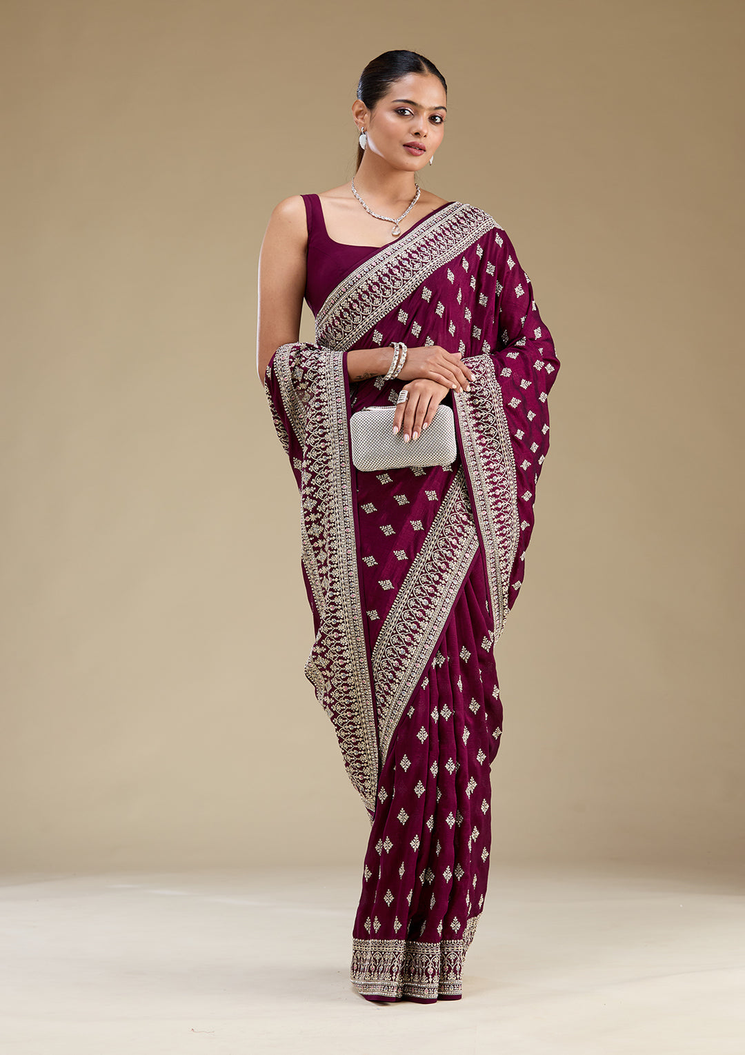 Wine Threadwork Silk Saree