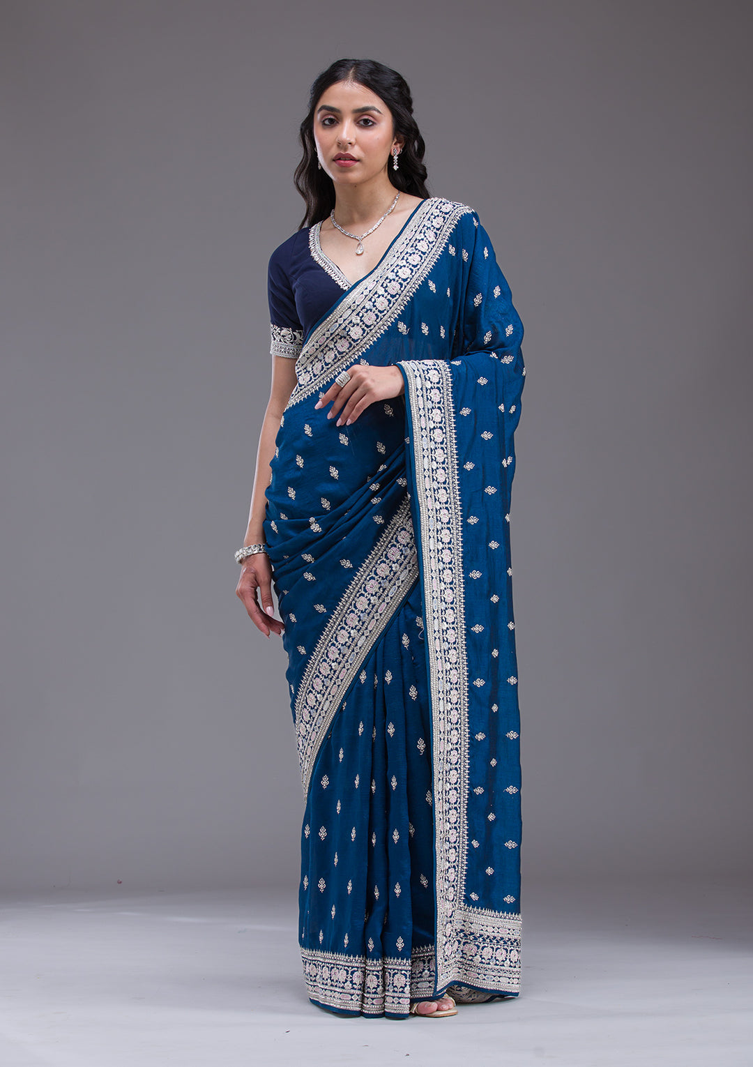 Peacock Blue Threadwork Silk Saree