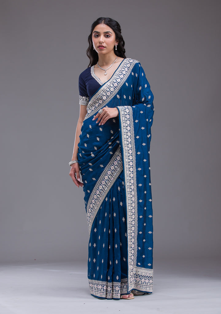 Peacock Blue Threadwork Silk Saree