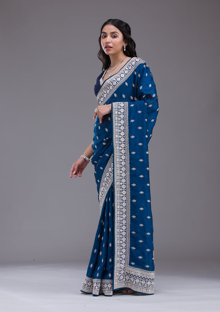Peacock Blue Threadwork Silk Saree