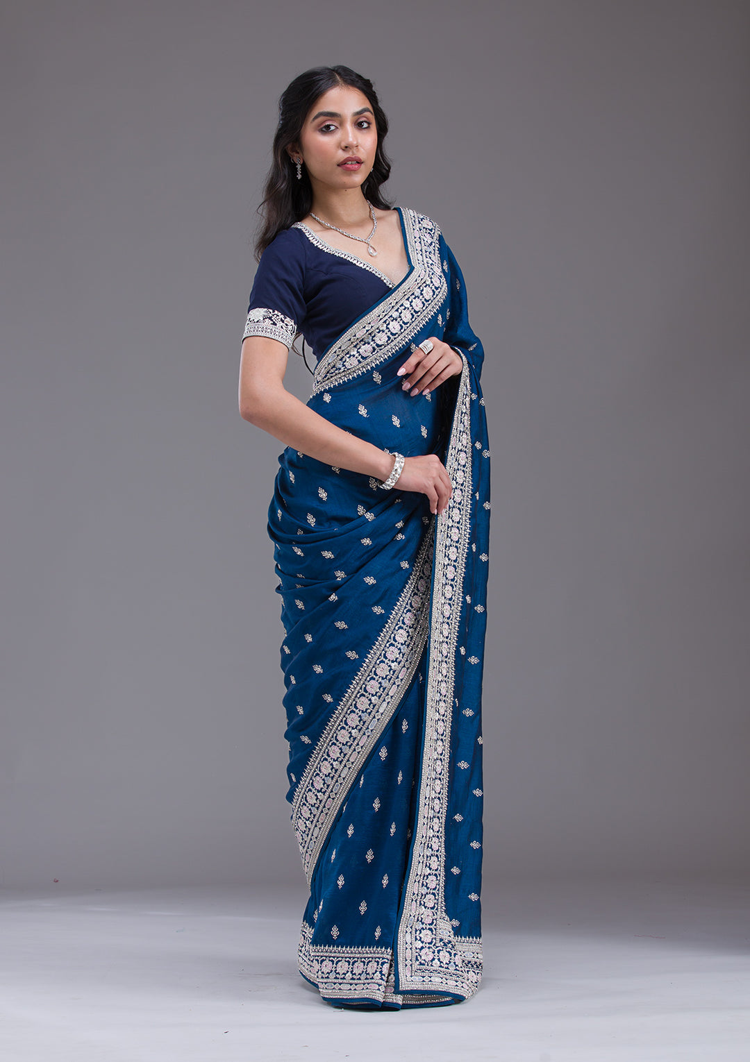 Peacock Blue Threadwork Silk Saree