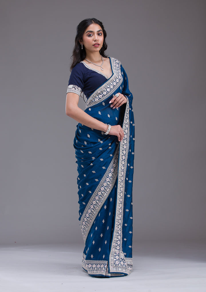 Peacock Blue Threadwork Silk Saree