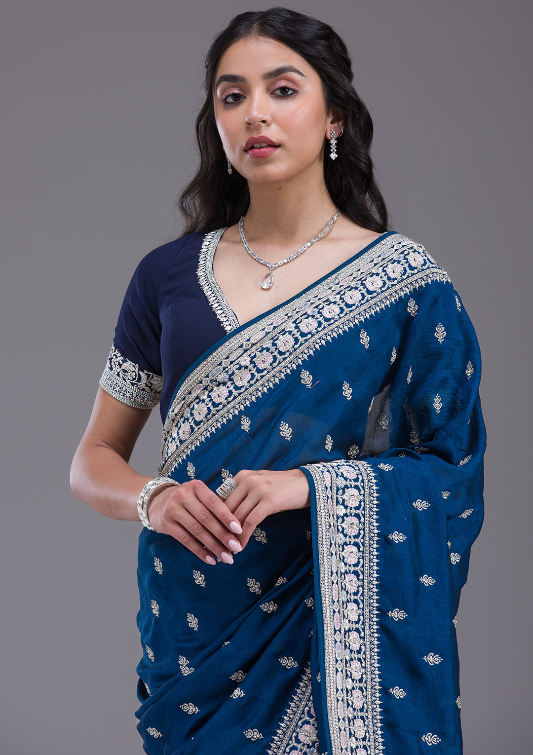 Peacock Blue Threadwork Silk Saree