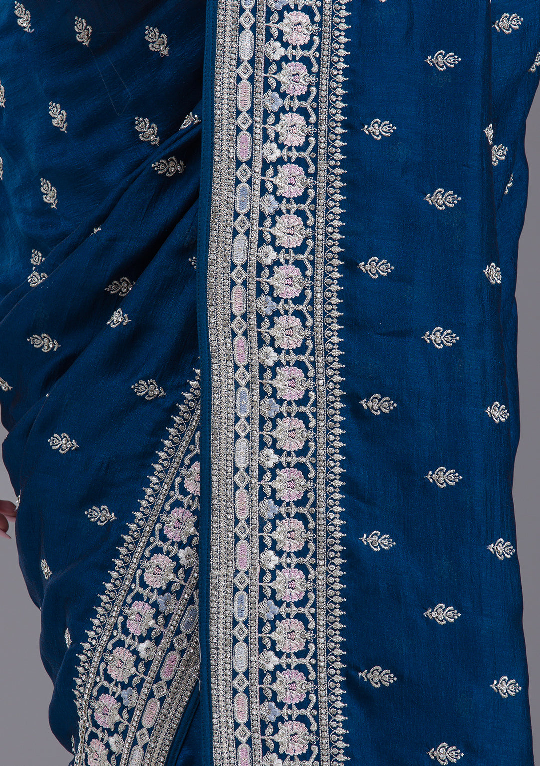 Peacock Blue Threadwork Silk Saree