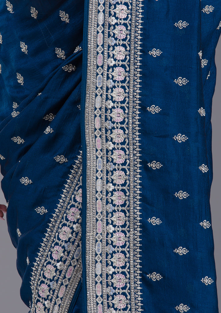 Peacock Blue Threadwork Silk Saree