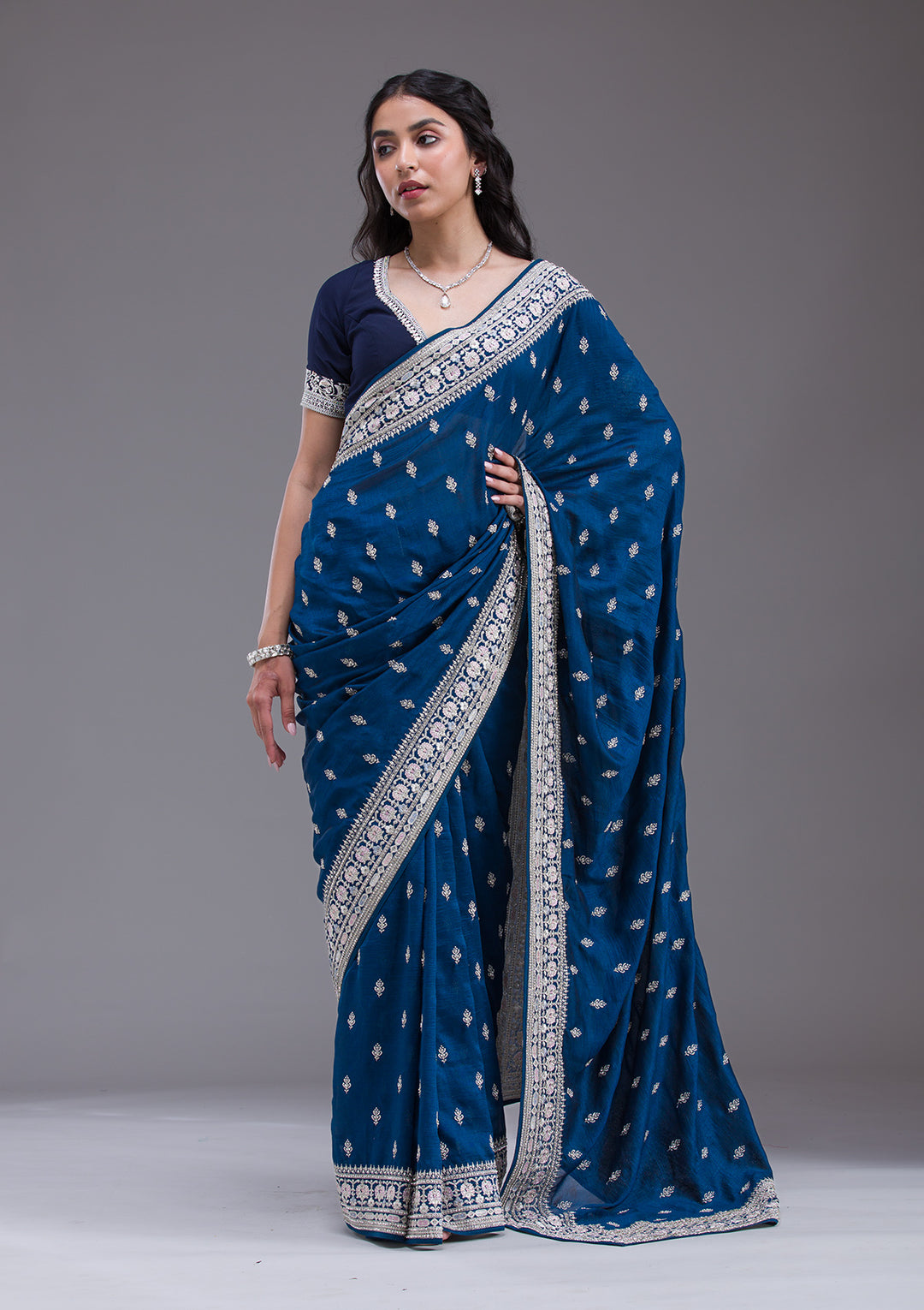 Peacock Blue Threadwork Silk Saree