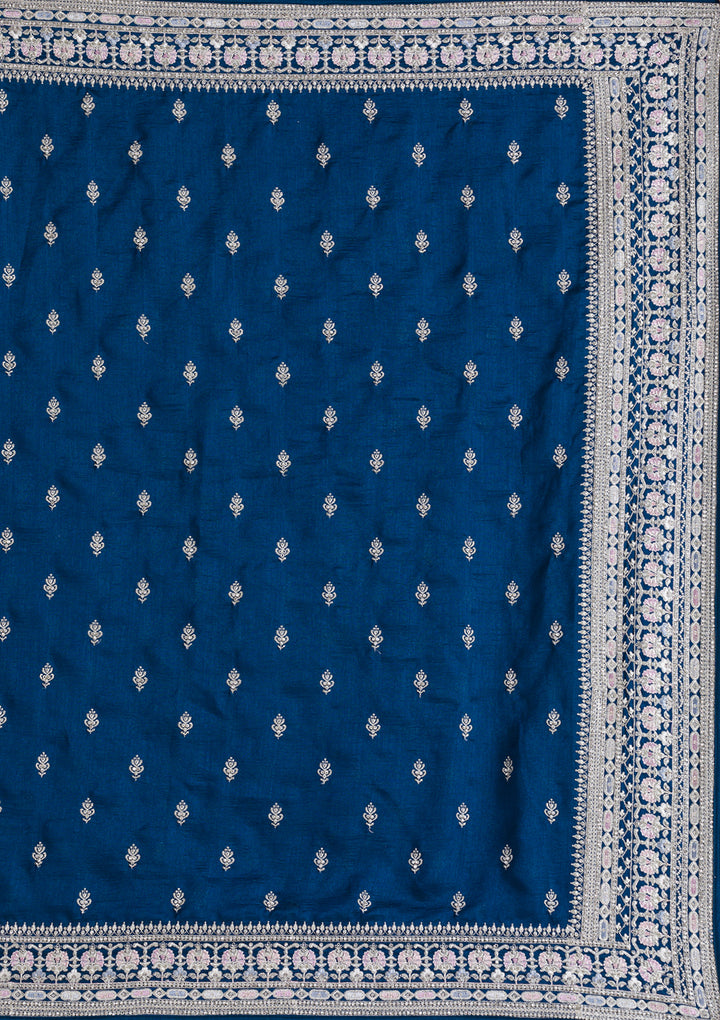 Peacock Blue Threadwork Silk Saree