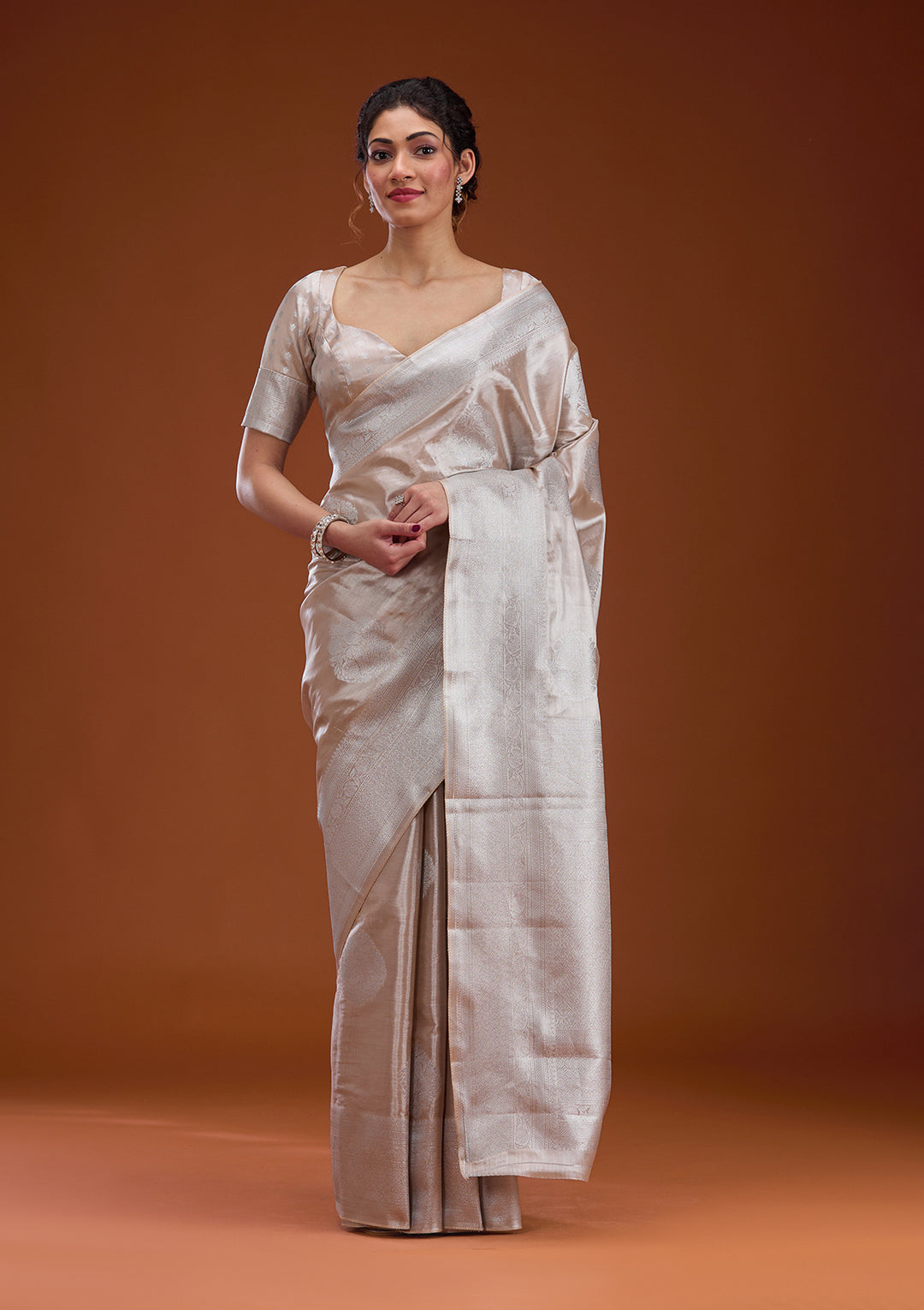 Beige Silk Buti Gold Zariwork Saree With Matching Blouse Piece