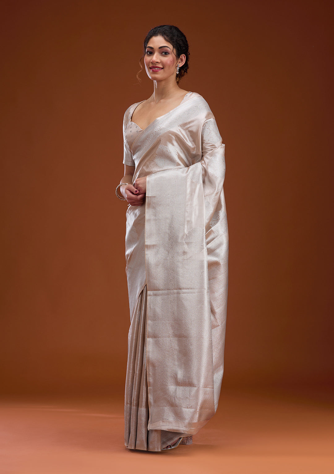 Beige Silk Buti Gold Zariwork Saree With Matching Blouse Piece