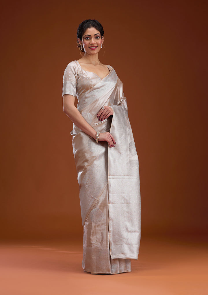 Beige Silk Buti Gold Zariwork Saree With Matching Blouse Piece