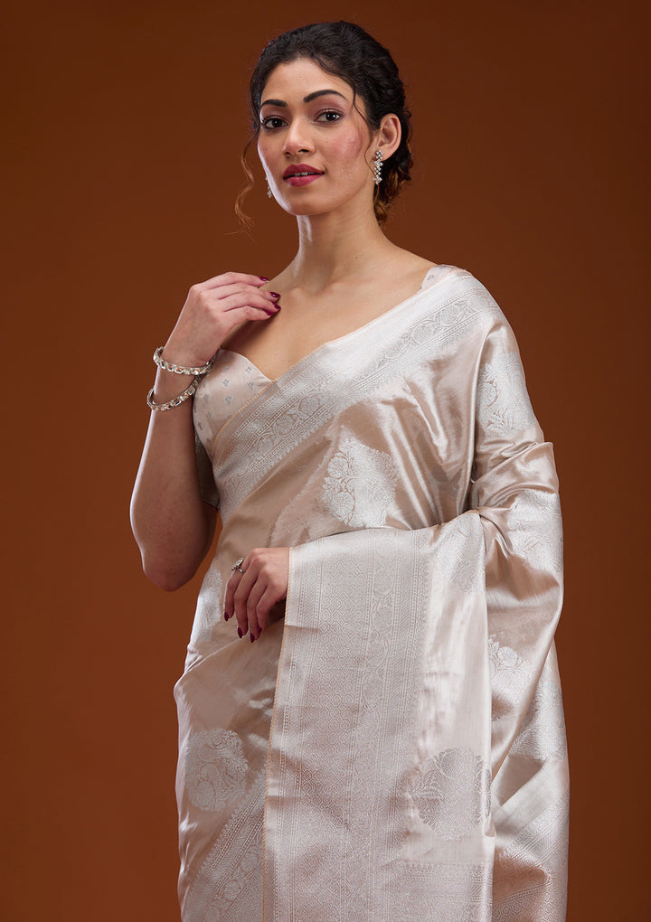 Beige Silk Buti Gold Zariwork Saree With Matching Blouse Piece