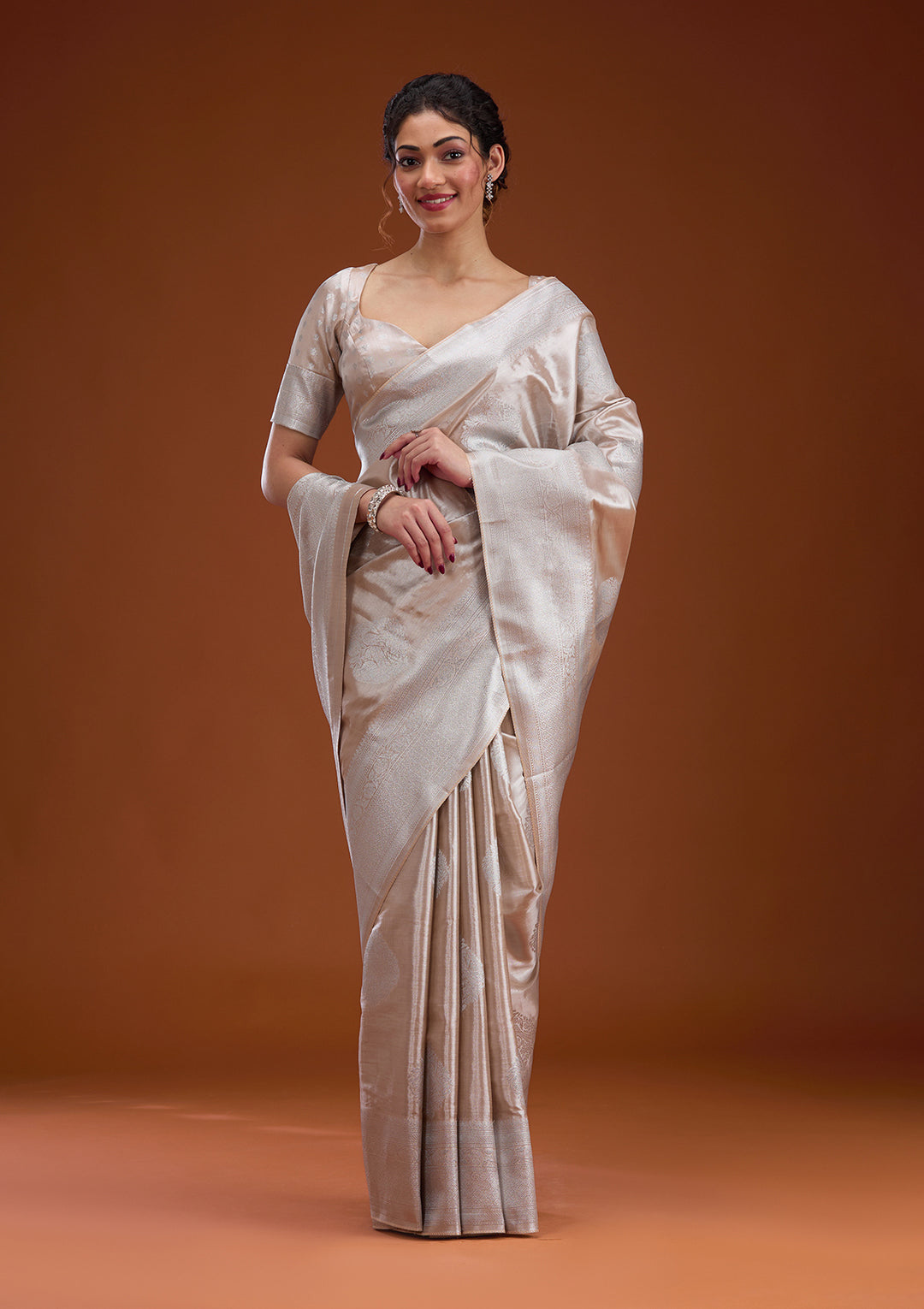 Beige Silk Buti Gold Zariwork Saree With Matching Blouse Piece