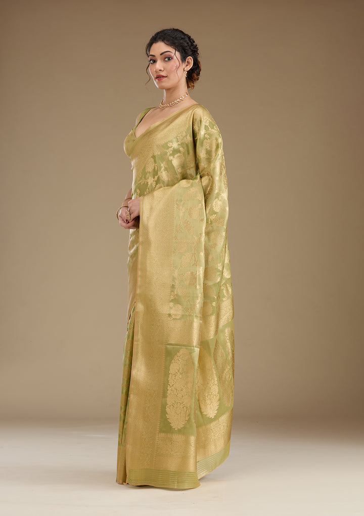 Leaf Green Silk Jaal Gold Zariwork Saree With Matching Blouse Piece