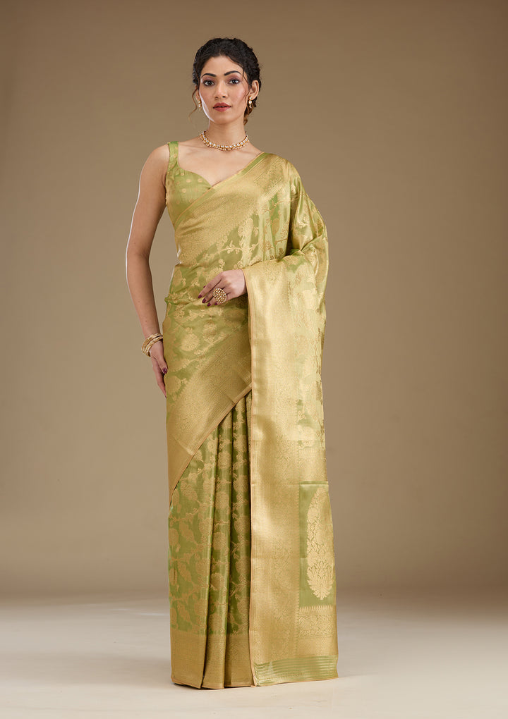 Leaf Green Silk Jaal Gold Zariwork Saree With Matching Blouse Piece