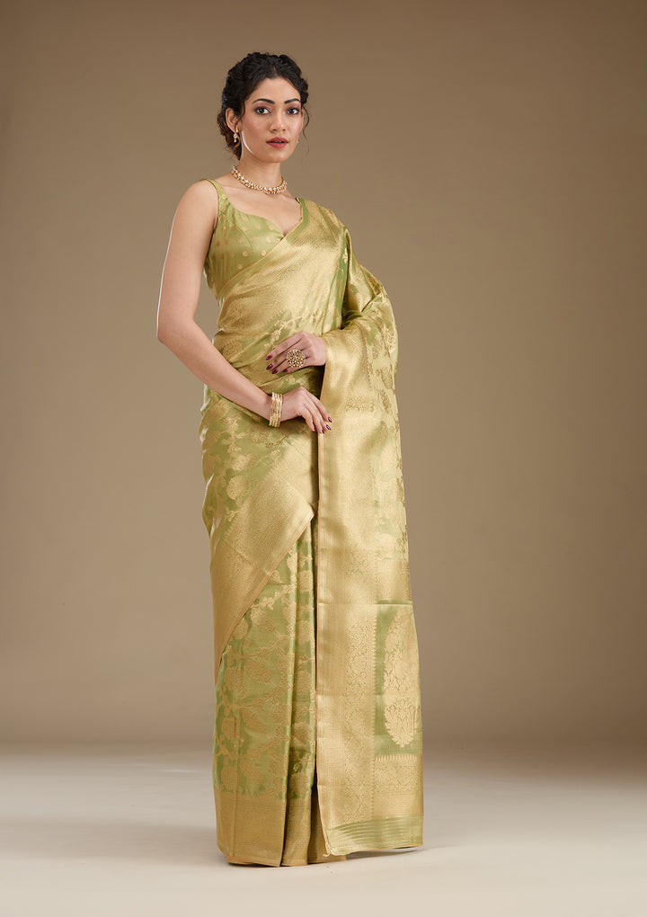 Leaf Green Silk Jaal Gold Zariwork Saree With Matching Blouse Piece