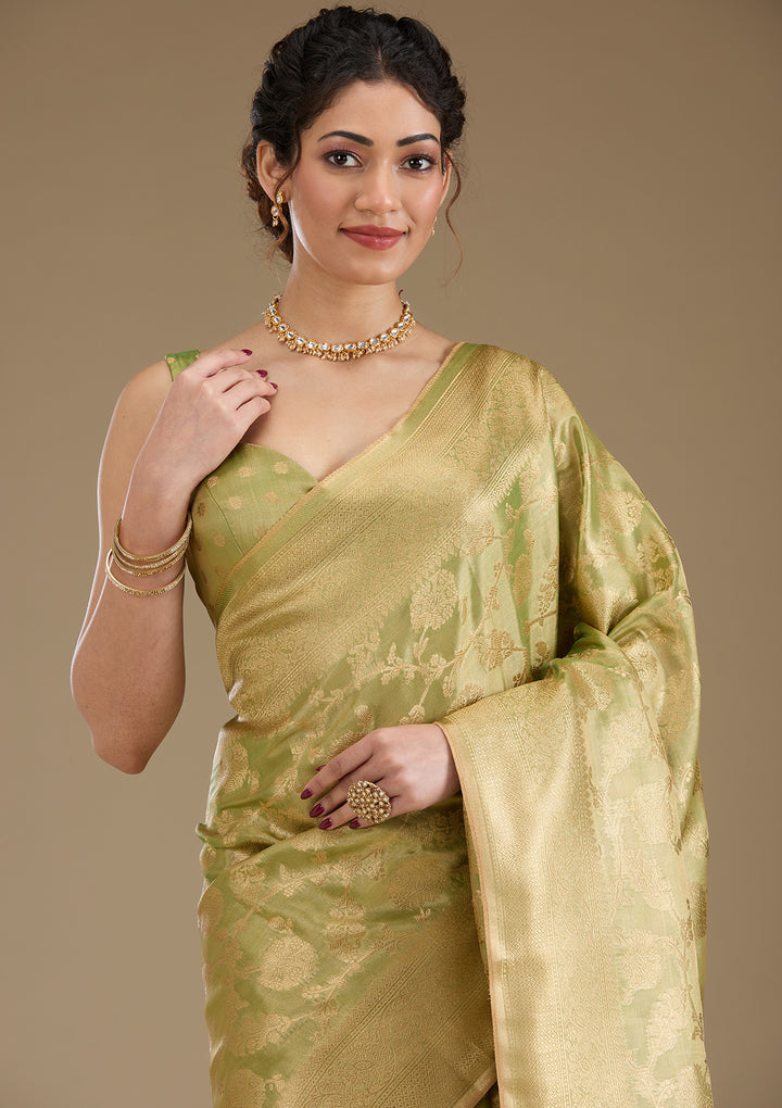 Leaf Green Silk Jaal Gold Zariwork Saree With Matching Blouse Piece