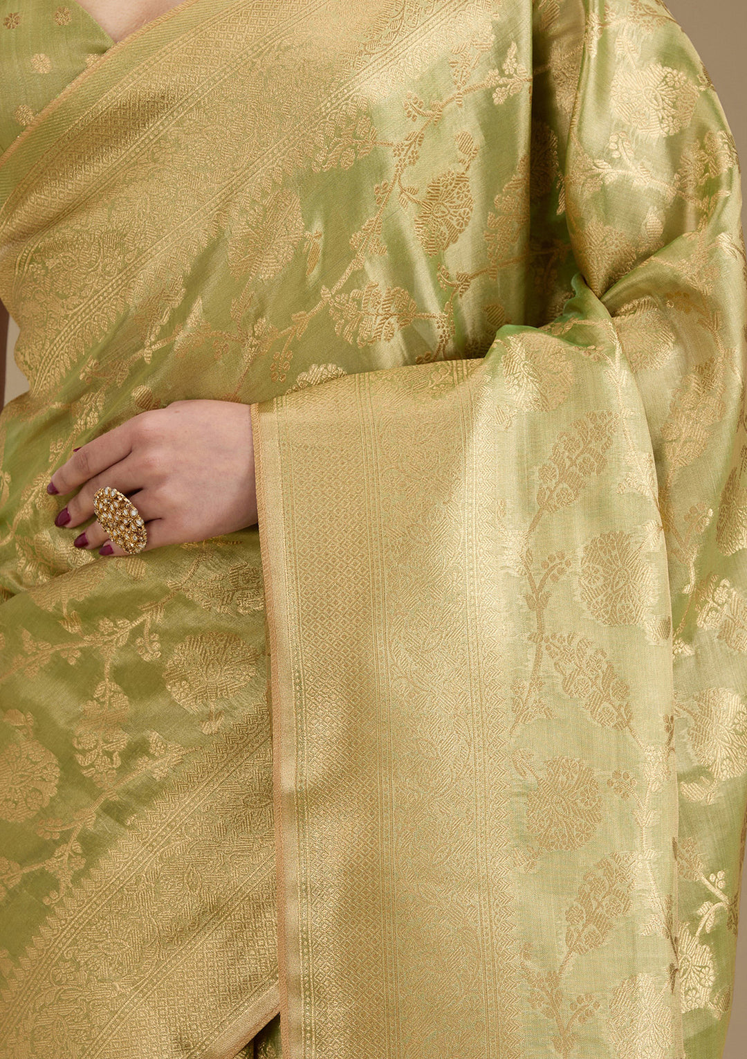 Leaf Green Silk Jaal Gold Zariwork Saree With Matching Blouse Piece