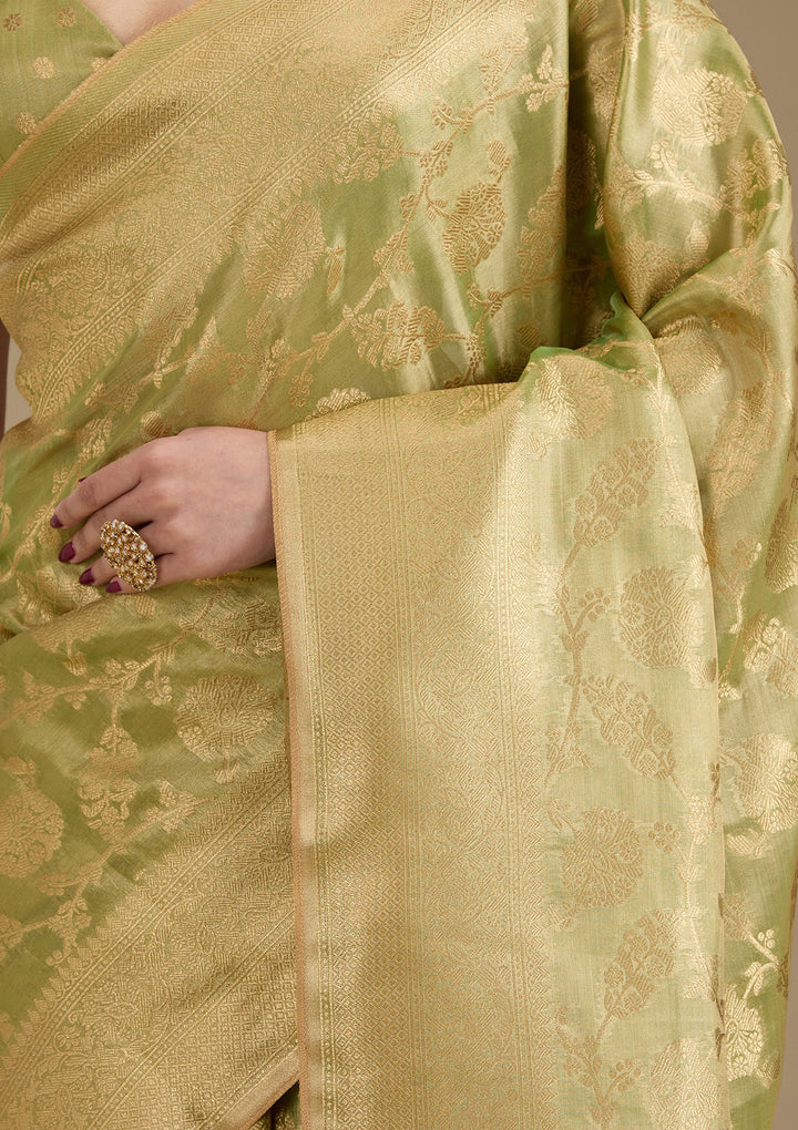 Leaf Green Silk Jaal Gold Zariwork Saree With Matching Blouse Piece