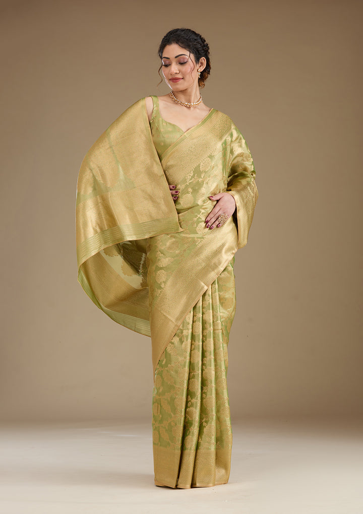 Leaf Green Silk Jaal Gold Zariwork Saree With Matching Blouse Piece