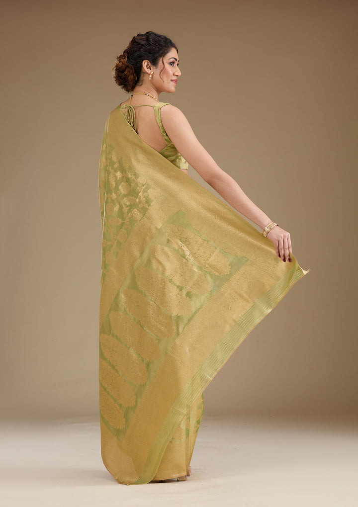 Leaf Green Silk Jaal Gold Zariwork Saree With Matching Blouse Piece